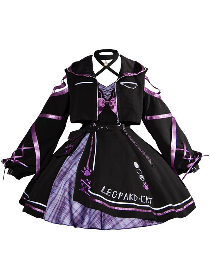 Women's Kawaii Kitty Lolita Dress Features：   	Product ID:DS0504  	Material:Polyester  	Season:Spring,Summer,Autumn,Winter  	Color:Purple  	Include:Dress*1+Blouse*1+Waist Bag*1  Size Chat： My Melody Jacket, Pastel Goth Clothing, Cat Inspired Outfits, Bat Clothes, Idol Costume, Goth Jacket, Cat Jacket, Cat Outfit, Cat Dark