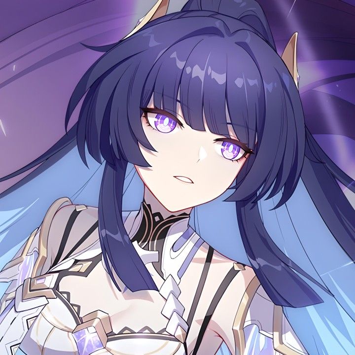 an anime character with blue hair and purple eyes, wearing a white dress in front of a purple background