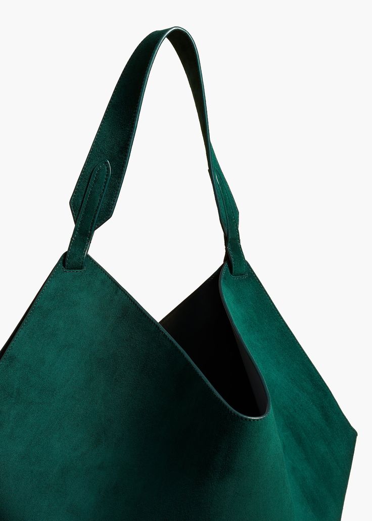 A scarf-inspired tote designed to be especially lightweight, with rounded base for stability. Includes removable leather pouch and dust bag. Green Top Handle Bucket Bag For Travel, Green Hobo Bag With Leather Handles For On-the-go, Green Top Handle Hobo Bag With Large Capacity, Green Hobo Bag With Large Capacity And Top Handle, Luxury Green Top Handle Bucket Bag, Luxury Green Tote Bucket Bag, Luxury Green Bucket Bag For Travel, Luxury Green Tote Bag, Green Bucket Shoulder Bag With Leather Handles