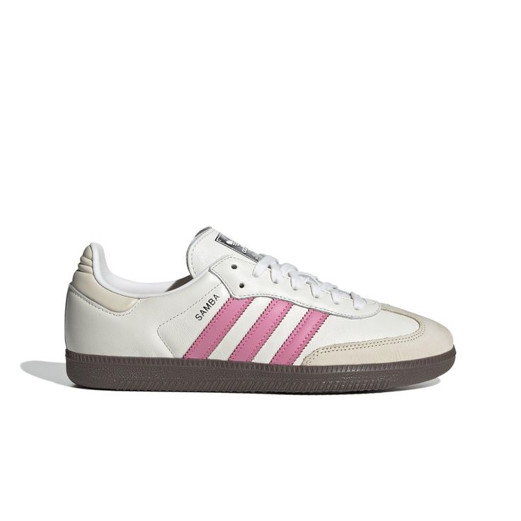 adidas Originals Samba "Cloud White/Lucid Pink/Wonder White" Women's Shoe - Hibbett | City Gear Adidas Shoes Women Pink, Cute Pink Sneakers, Pink And White Sambas, White Sneakers With Gum Sole For Outdoor Activities, White Adidas Sneakers For Outdoor Activities, Pink Adidas Samba, Pink Sambas Outfit, Cute Sambas, Sambas Outfit Woman