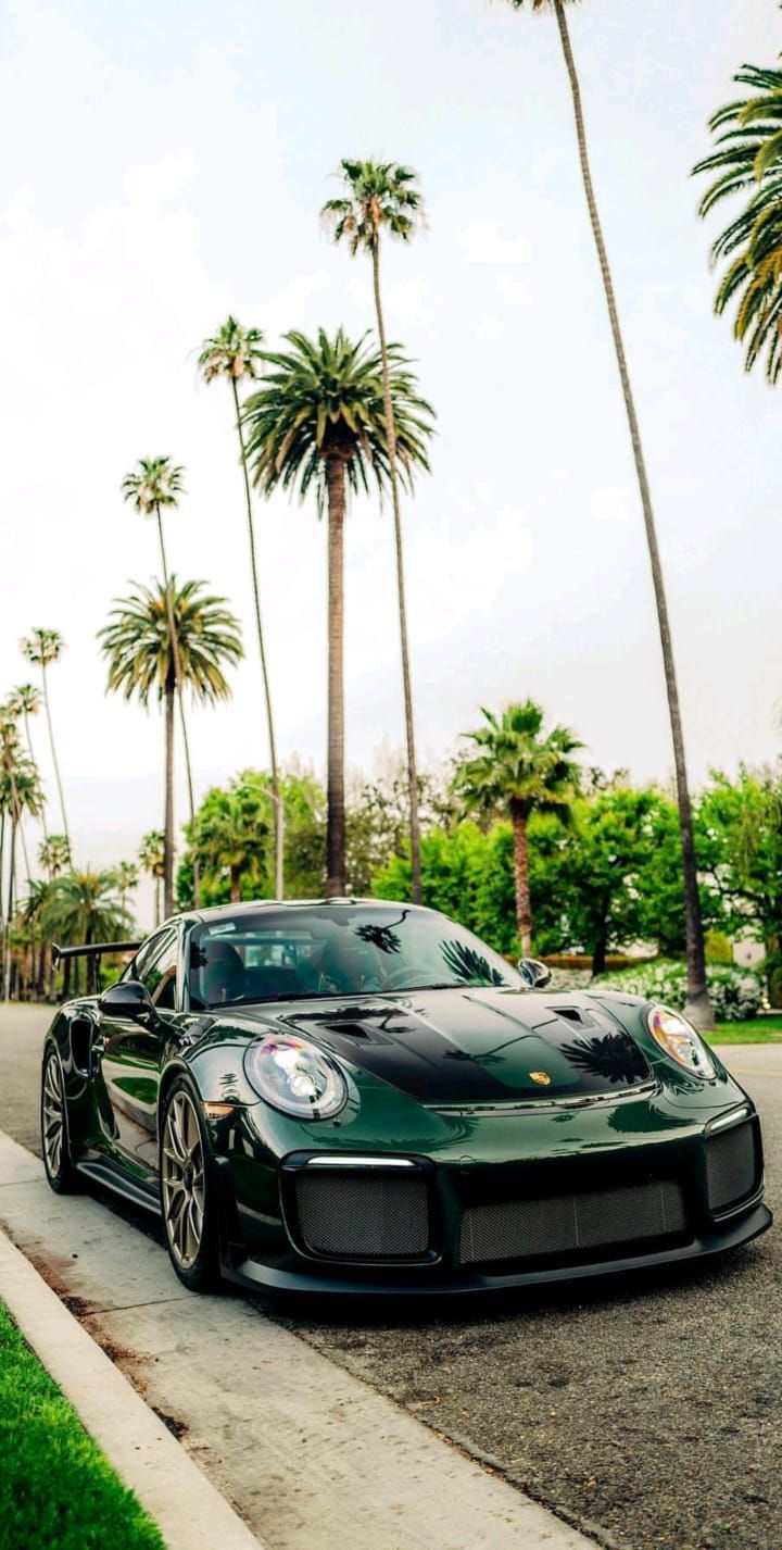 a black sports car parked on the side of a road next to palm trees and green grass