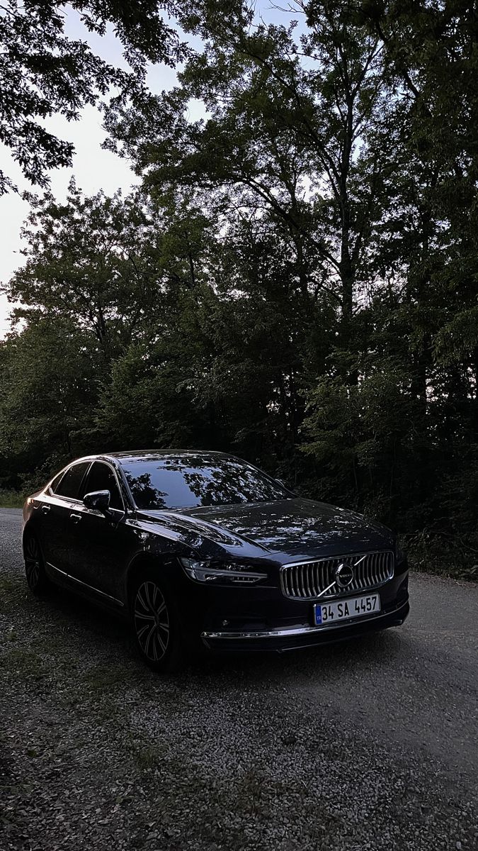 a black car parked on the side of a road next to some tall trees and grass