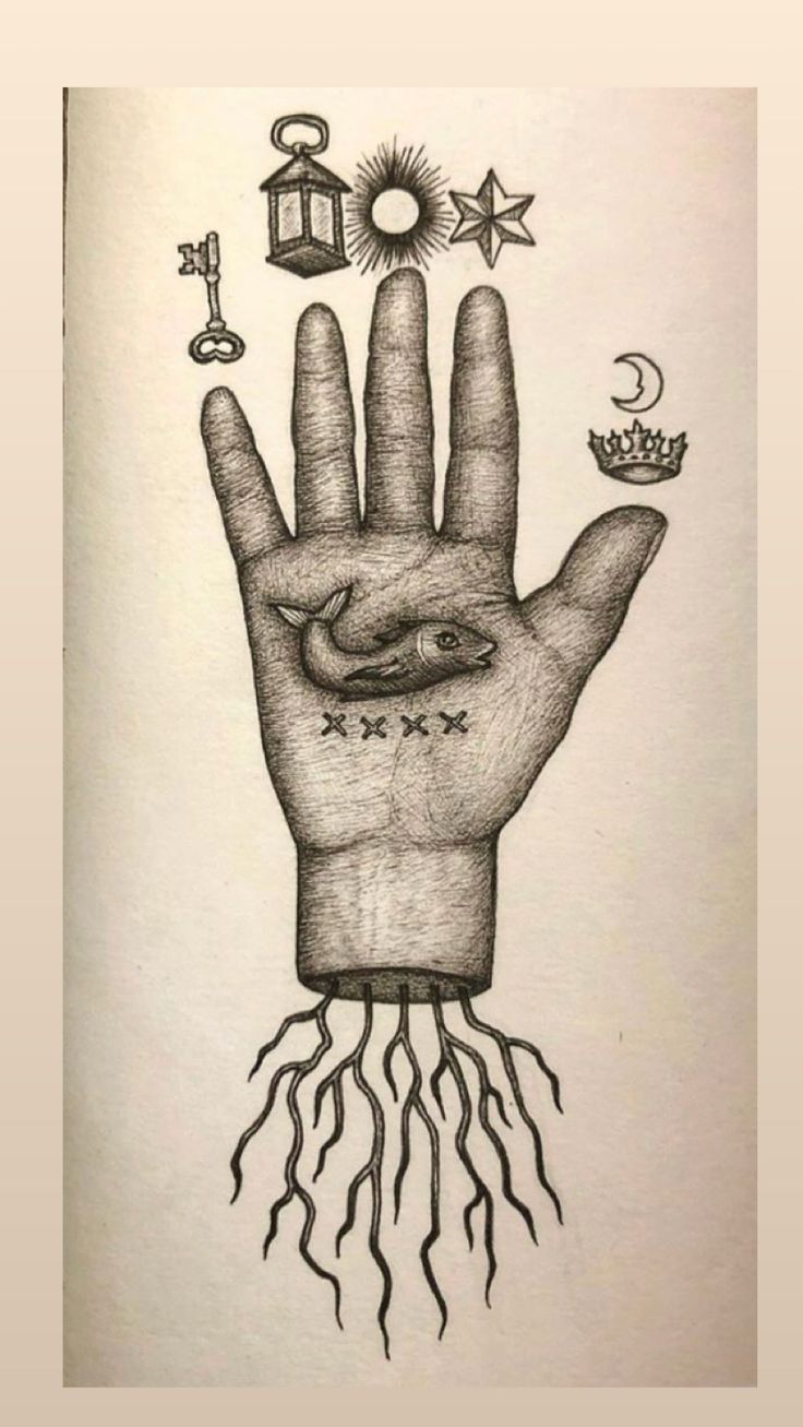 a drawing of a hand with various symbols on it and the number three above it