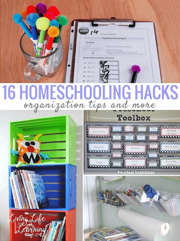 there are pictures of homeschooling hacks and organization tips on this page