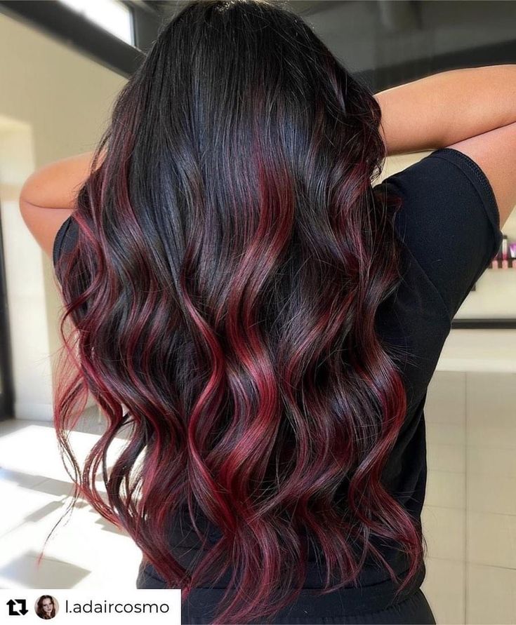 Balayage Hair Red And Black, Red Hair Balayage Black, Black To Wine Red Ombre Hair, Burgundy Peekaboo Highlights, Wine Hair Ombre, Dark Brown Burgundy Balayage, Dark Cherry Hair Balayage, Hair Colour Red Highlights, Wine Red Hair Color Highlights