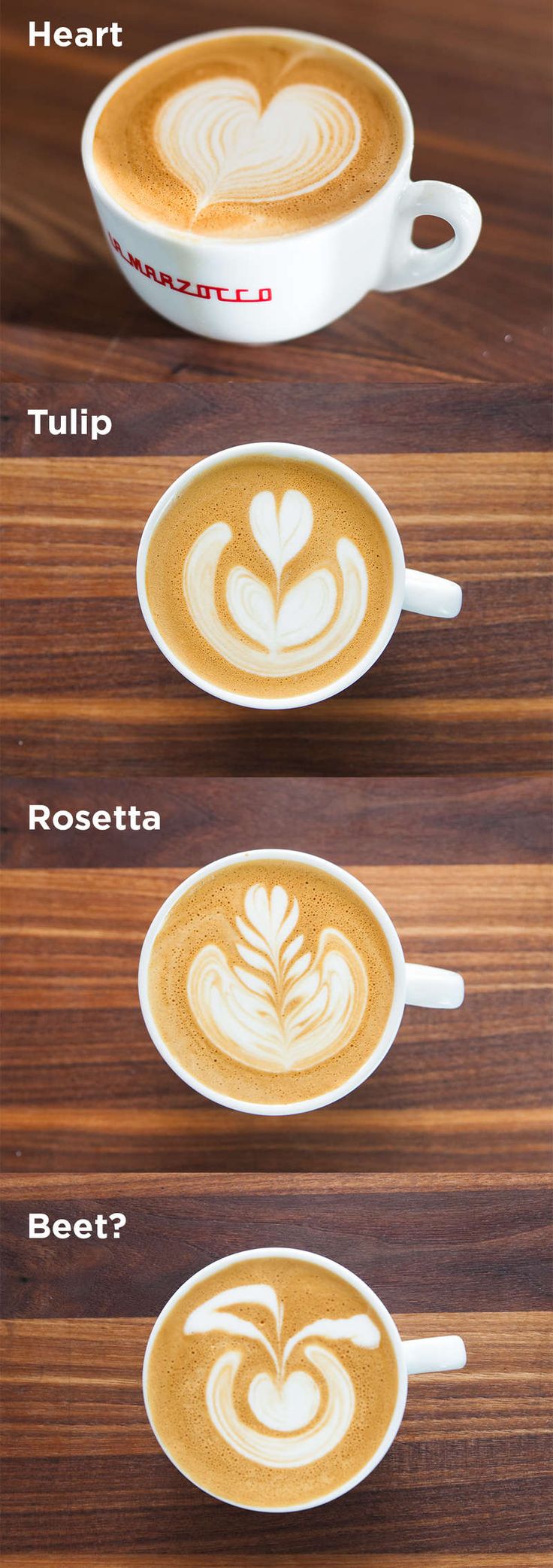 three different types of coffee on top of each other, with the words latte written in