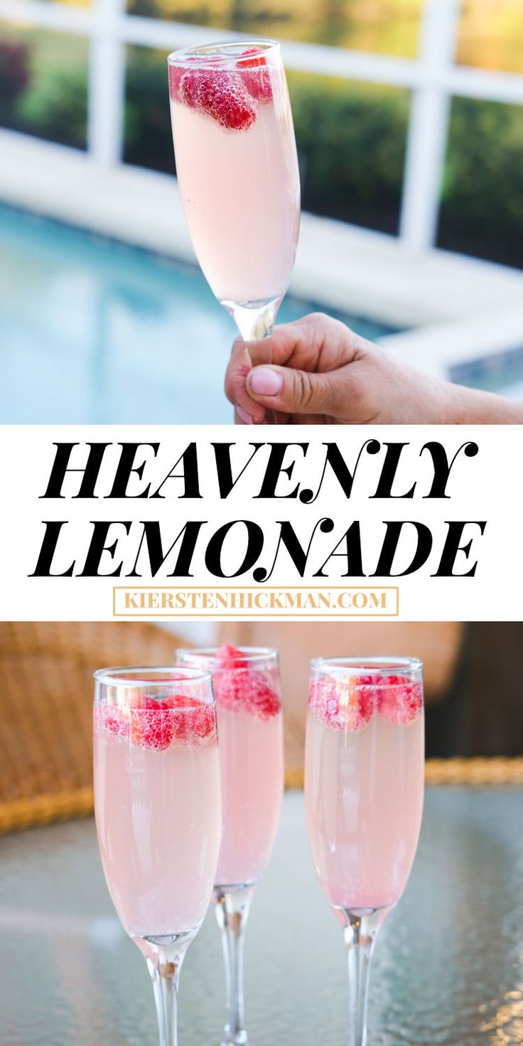 three glasses filled with pink liquid and topped with raspberries next to the words heavenly lemonade