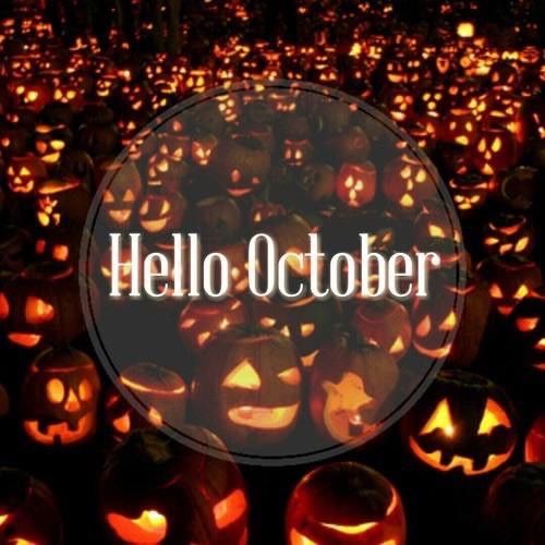 a field full of pumpkins with the words hello october over it's center