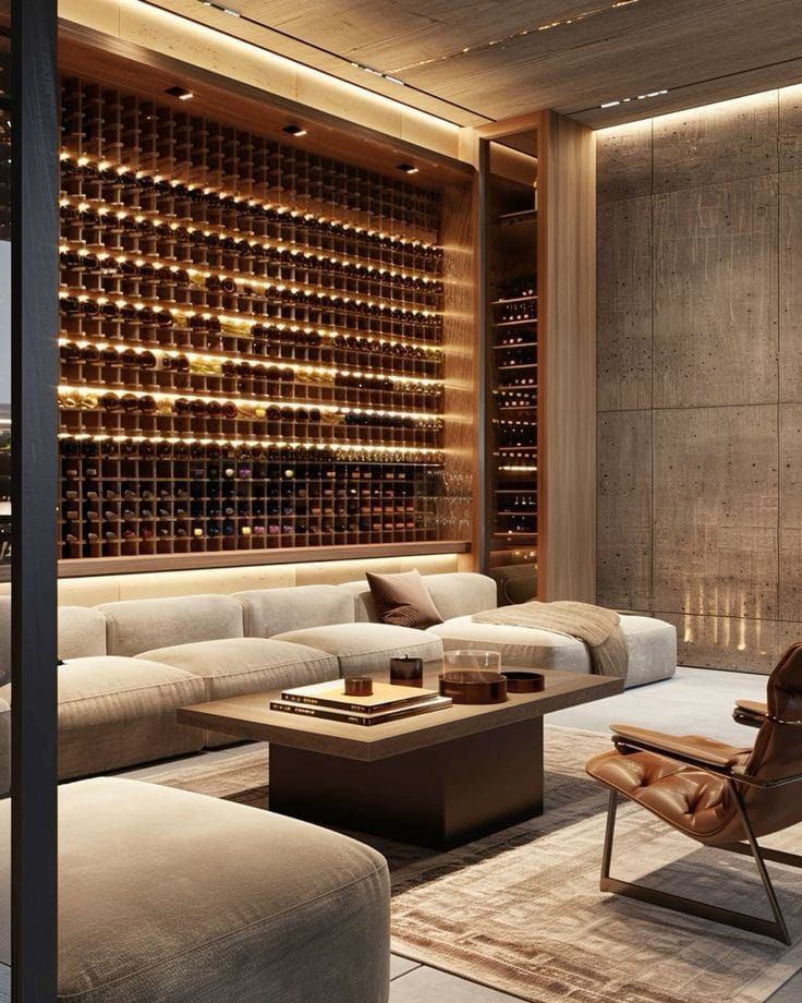 a living room filled with lots of furniture and wine bottles on the wall behind it