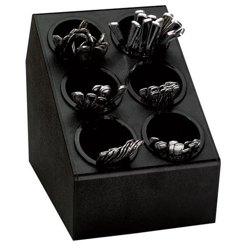 a black display case with six silver objects in it