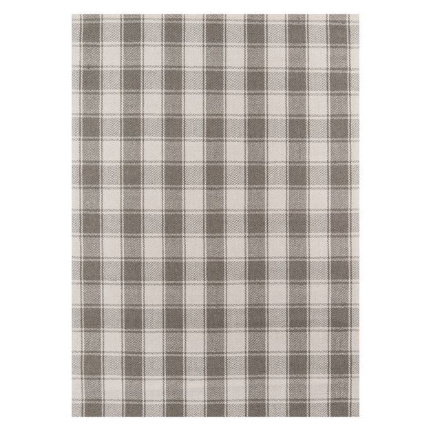 a gray and white checkered rug