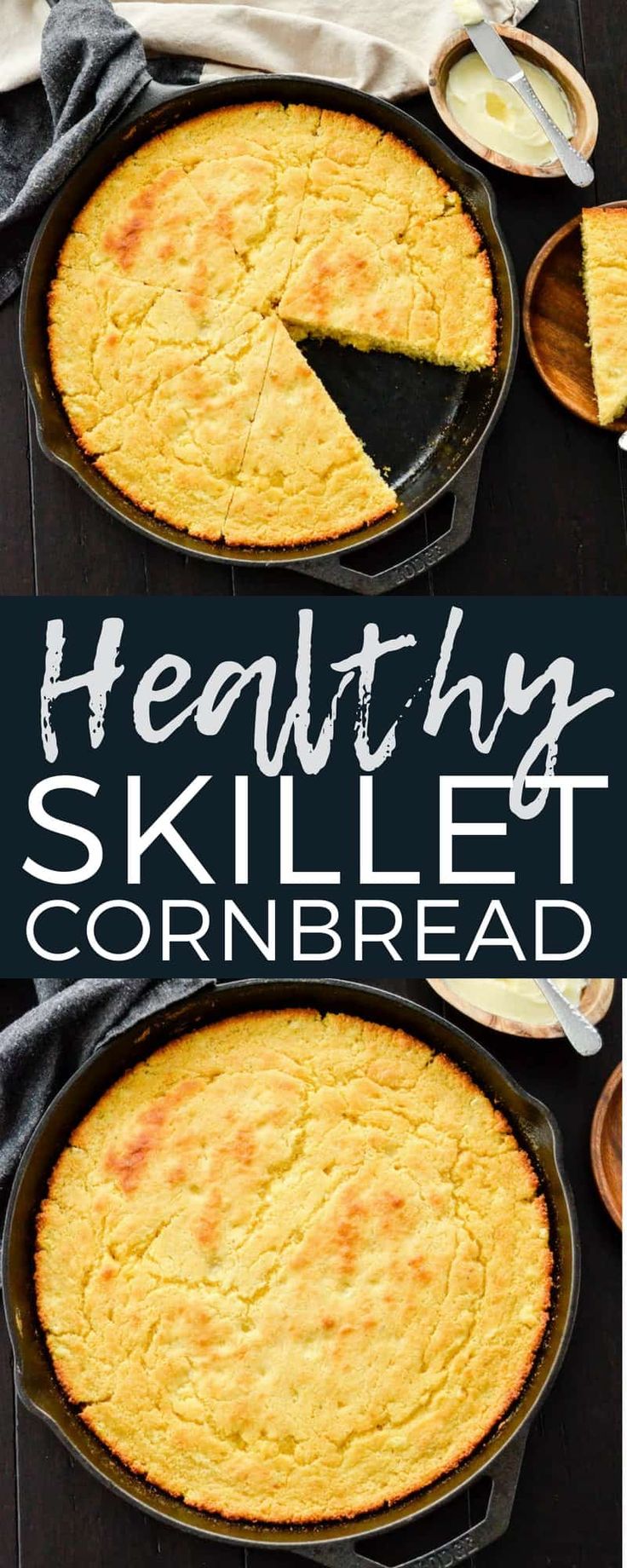 two skillets filled with cornbread on top of a table