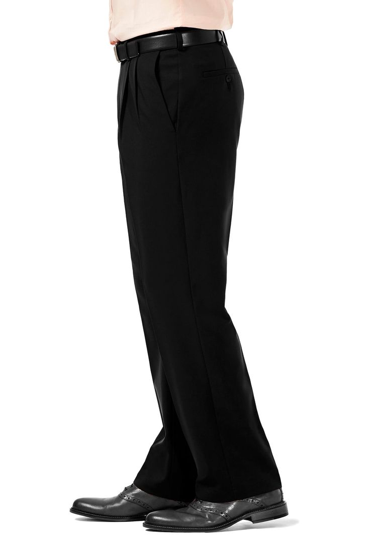 Fit: this style fits true to size. Zip fly with hook-and-bar and button closure. 2 slant pockets. 2 back welt pockets. Classic fit. Flat front. Solid. Stretch knit construction. Approx. 11" rise (size 32x32). Imported Classic Comfort Stretch Pants For Business Casual, Solid Straight Leg 4-way Stretch Dress Pants, Solid Color Straight Leg Dress Pants With 4-way Stretch, Solid 4-way Stretch Straight Leg Dress Pants, Business Casual Four-way Stretch Pants, Solid 4-way Stretch Pants For Business Casual, Full Length 4-way Stretch Pants For Business Casual, Solid Color 4-way Stretch Dress Pants, 4-way Stretch Business Trousers