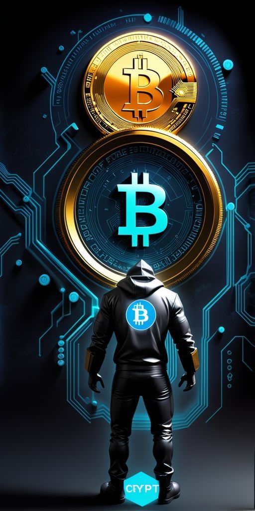 a man standing in front of a bitcoin symbol