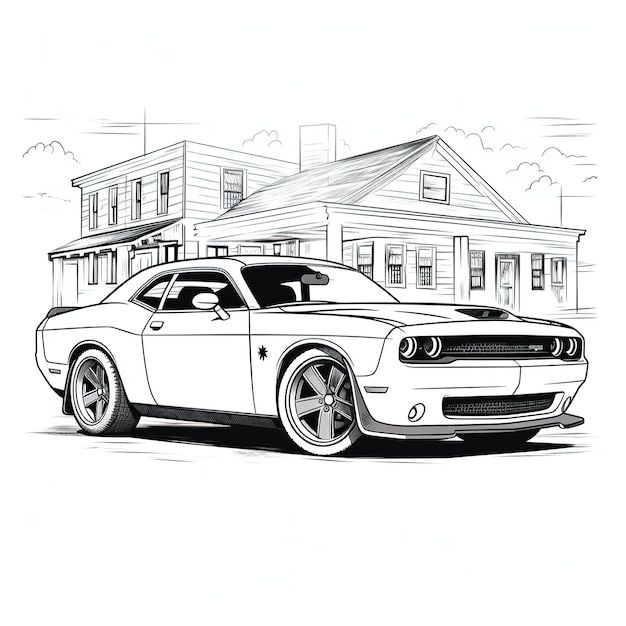 a black and white drawing of a muscle car in front of a house with the hood up