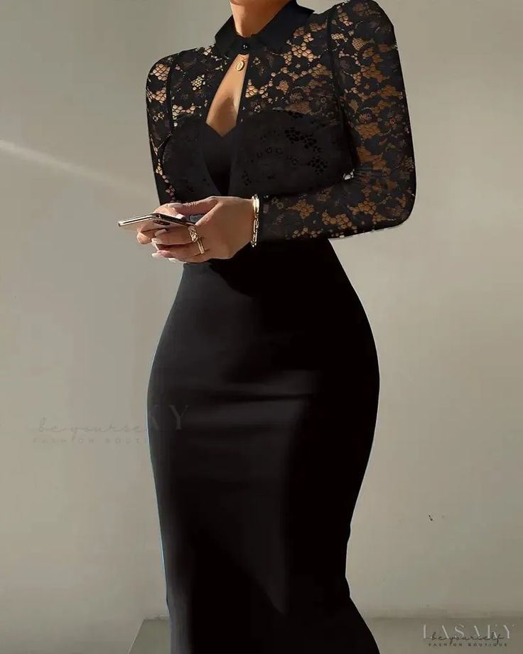 Lasaky - Contrast Lace Long Sleeve Cut Out Bodycon Dress Cutout Bodycon Dress, 파티 드레스, High Neck Sleeveless, فستان سهرة, Lace Long Sleeve, Bodycon Dress Parties, Summer Party Dress, Black Long Sleeve Dress, Black Bodycon Dress