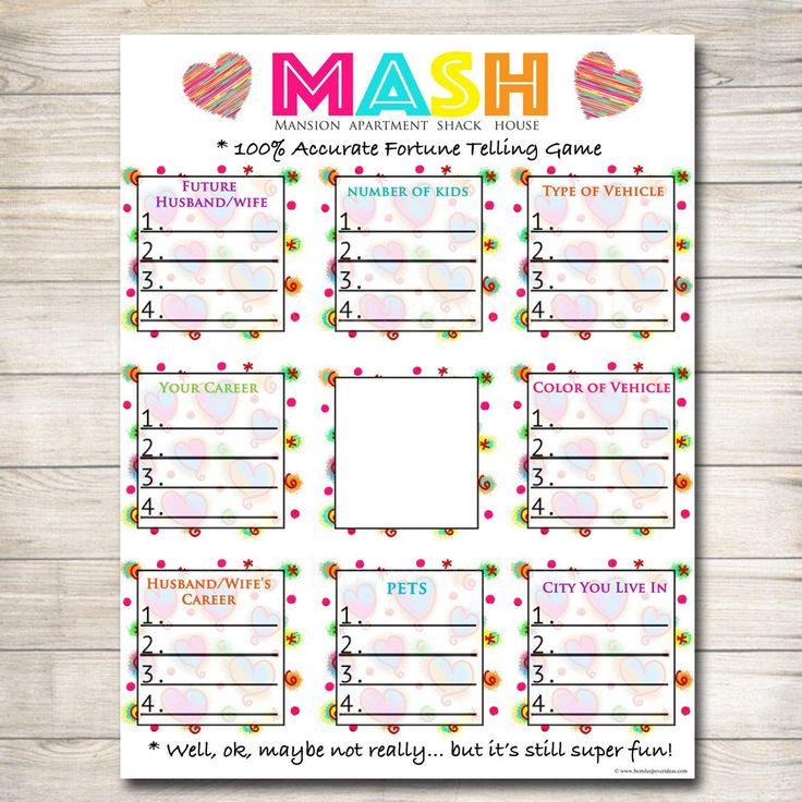 the printable mash game is shown on a wooden table with colorful dots and hearts