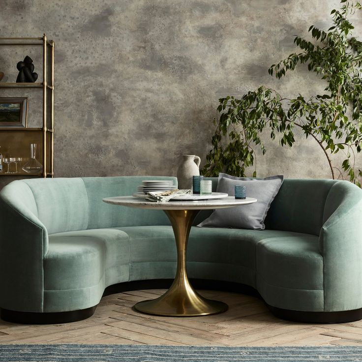 a living room with a couch, table and potted plant in the corner area