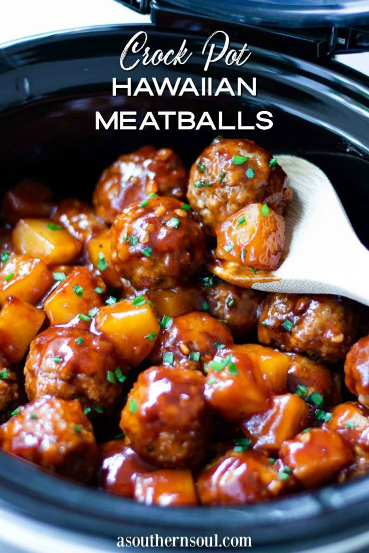 crock pot hawaiian meatballs in a slow cooker with a wooden spoon and text overlay