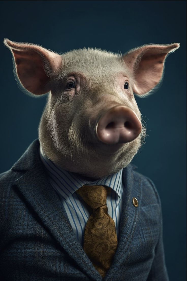 a pig dressed in a suit and tie with his nose sticking out to the side