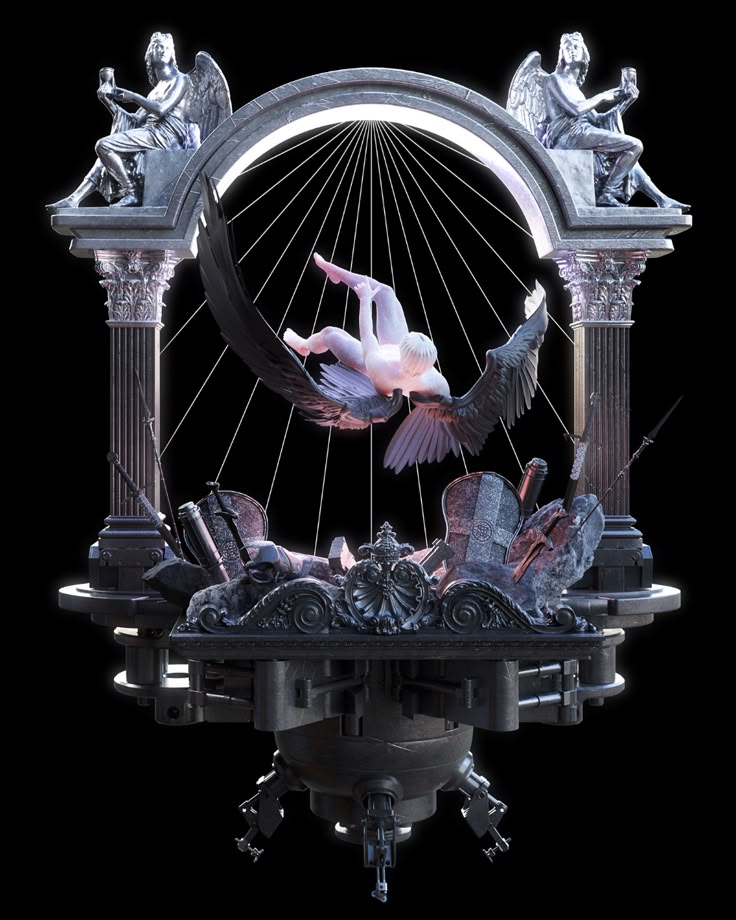 an artistic photo of a bird flying over the top of a wheel with statues around it