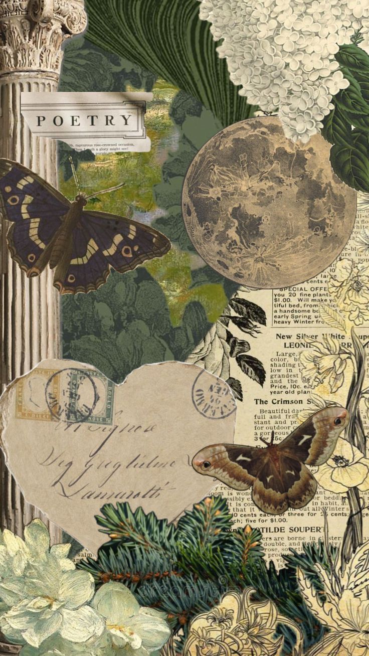 a collage of flowers, plants and butterflies with the words poetry written on them