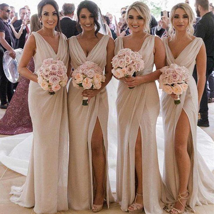 Ivory Bridesmaid Dress V Neck Pleats And Draped Side Slit Made With Chiffon - A Thrifty Bride Shop Ivory Bridesmaid Dress, Country Bridesmaid, Country Bridesmaid Dresses, Popular Bridesmaid Dresses, Mint Green Bridesmaid Dresses, Cheap Bridesmaid Dresses Online, Ivory Bridesmaid Dresses, Champagne Bridesmaid Dresses, Champagne Bridesmaid