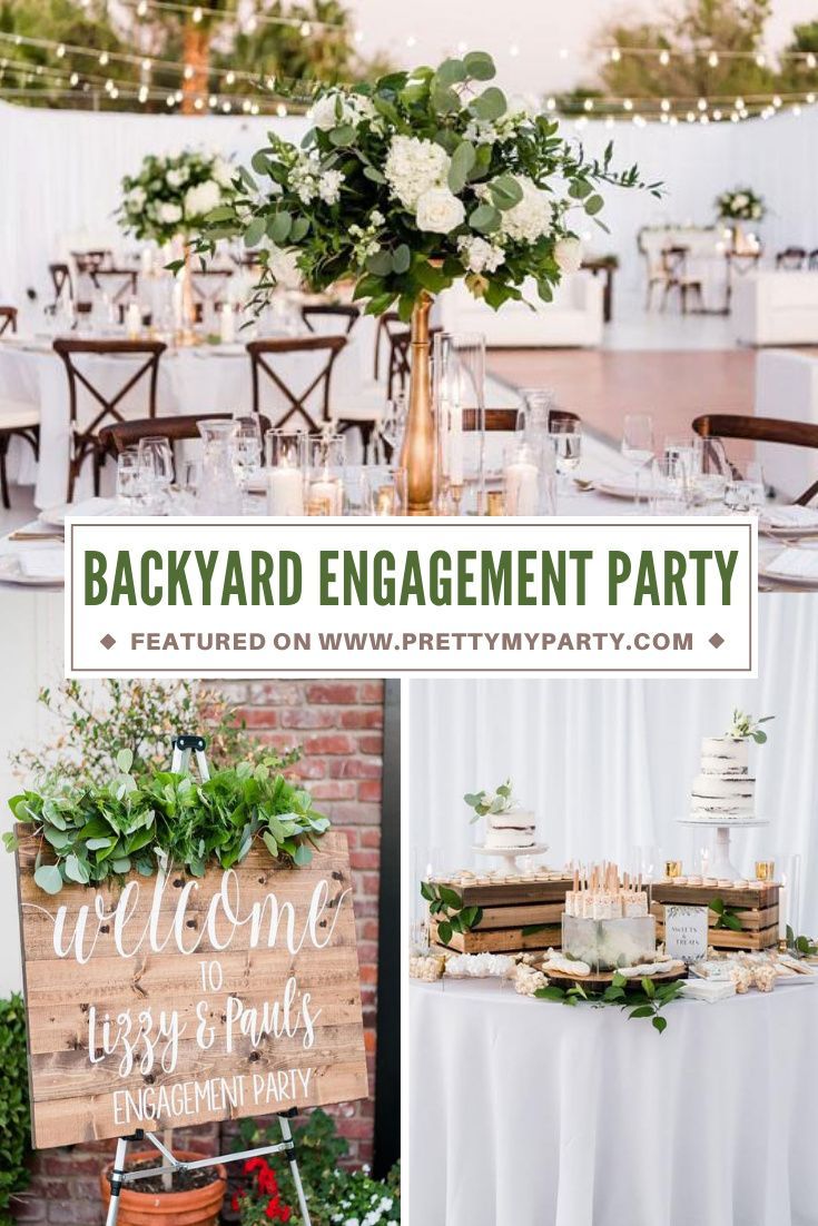 the backyard engagement party is decorated with greenery, candles and wooden signs for guests to sign