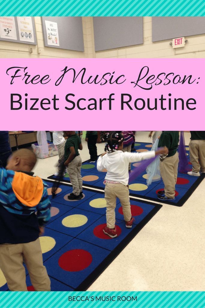 a group of children playing on a large rug with the words free music lesson bizet scarf routine