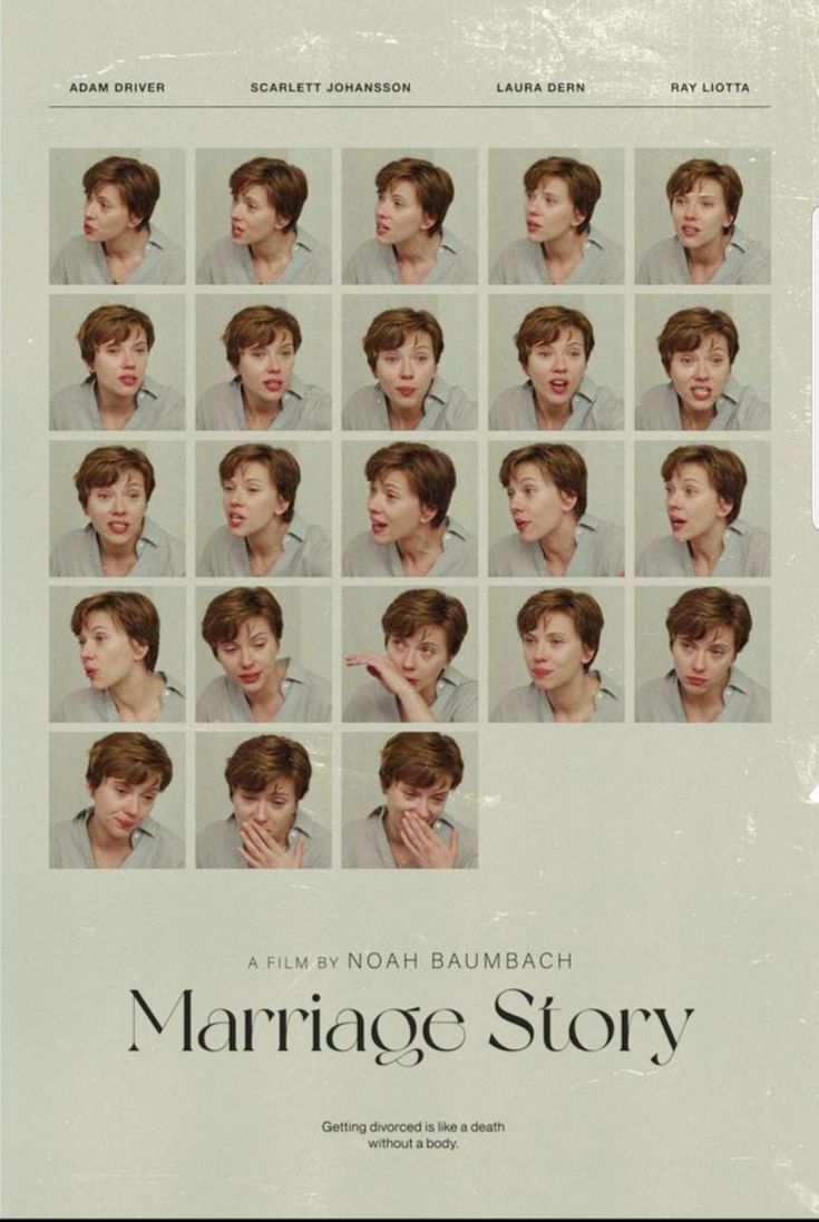 the movie poster for marriage story, which features many images of young men with different facial expressions