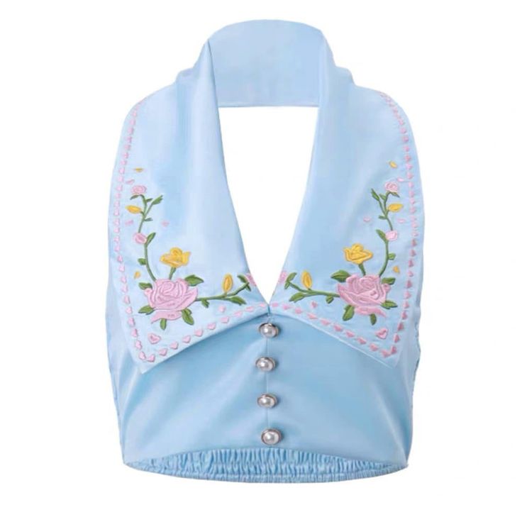 floral embroidered satin vest boogzel clothing Summer Embroidered Collared Tops, Blue Embroidered Collared Blouse, Summer Collared Tops With Floral Embroidery, Spring Blue Collared Top, Light Blue Embroidered Tops For Spring, Spring Collared Top With Floral Embroidery, Embroidered Collared Blue Tops, Spring Floral Embroidered Collared Top, Blue Embroidered Spring Tops