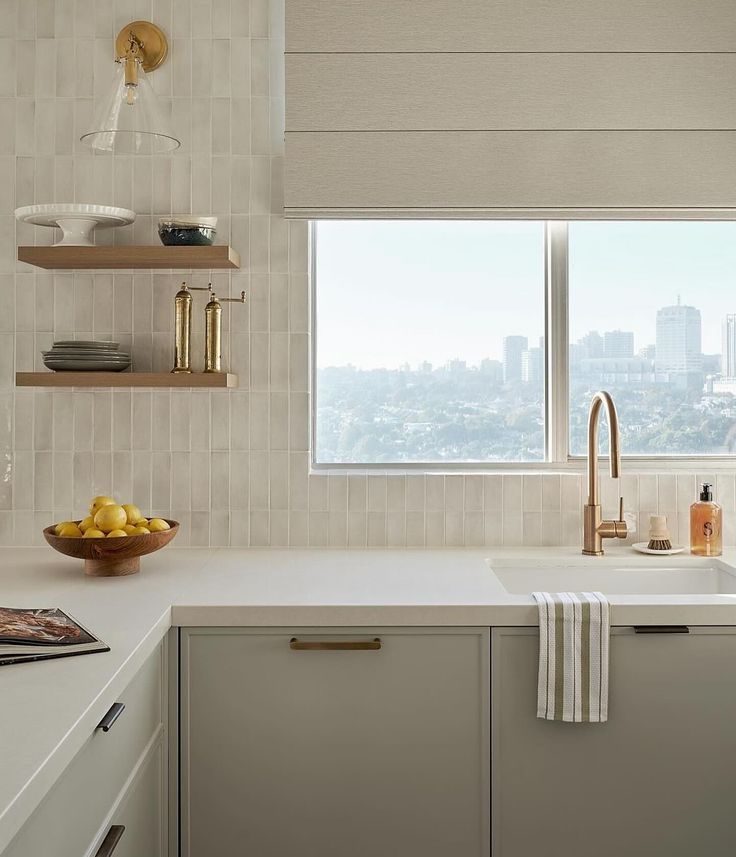 a kitchen with a sink, dishwasher and window overlooking the cityscape