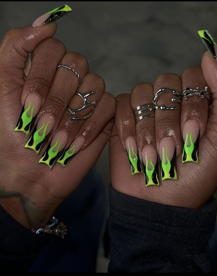 Green Flame Nails, Neon Flames, Flames Art, Flame Nails, Neon Yellow Nails, Flame Nail Art, Neon Nail Designs, Neon Green Nails, Green Acrylic Nails