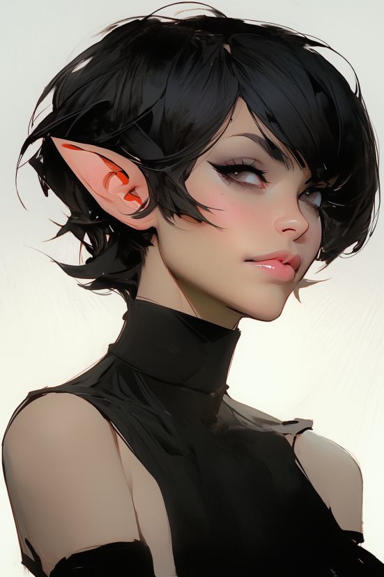 a digital painting of a woman with black hair and cat ears on top of her head