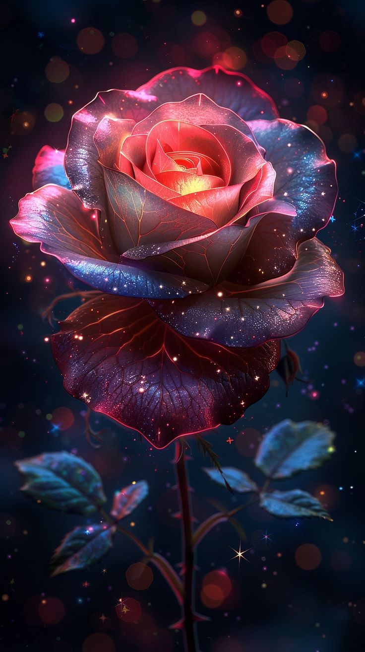 a red rose with stars in the background is lit up by lightening from its petals