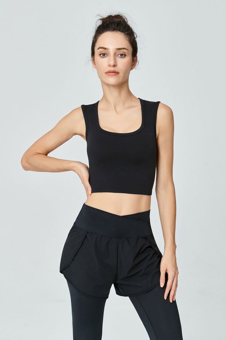 Color_Black Stretch Crop Top With Built-in Bra And Wide Straps, Versatile Compressive Crop Top With Built-in Bra, Versatile Crop Top With Built-in Bra And Medium Support, Cropped Tank Top With Medium Bust Support For Workout, Athleisure Seamless Crop Top With Tank Straps, Sporty Crop Top With Built-in Bra And Wide Straps, High Stretch Athleisure Crop Top With Tank Straps, Seamless Tank Strap Crop Top For Workout, Seamless Gym Crop Top With Tank Straps