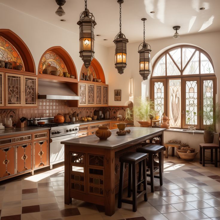 a large kitchen with an island in the middle and lots of windows on both sides