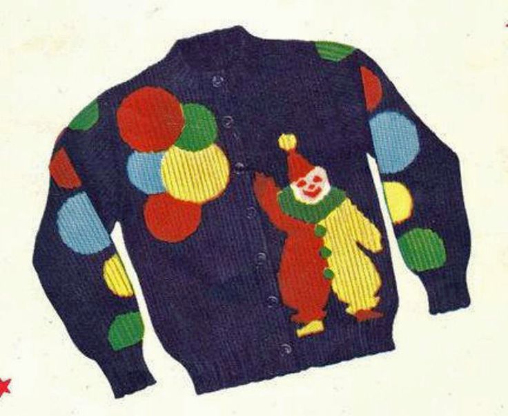 an ugly sweater with clowns and balloons on it