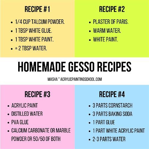 the recipe for homemade gesso recipes is shown in four different colors, including blue, yellow and pink