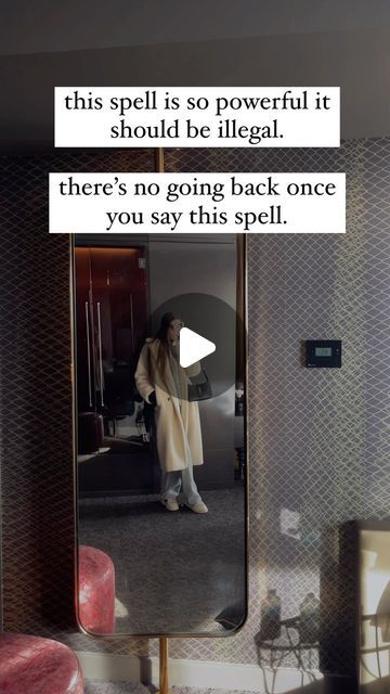 a woman standing in front of a mirror with the words, this spell is so powerful it should be illegal there's no going back once you say