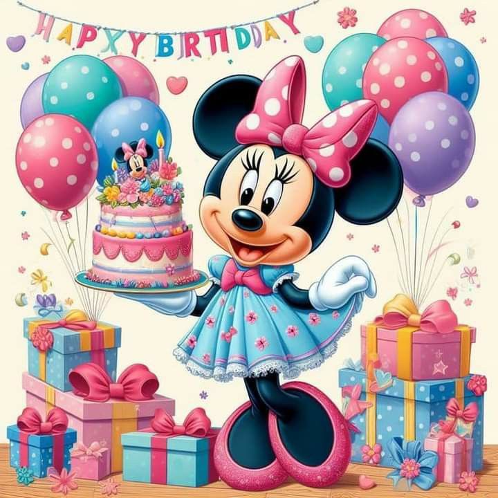 a minnie mouse birthday card with balloons and presents