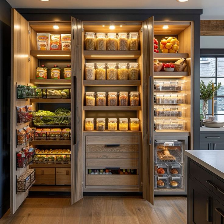 an open refrigerator with lots of food inside of it's doors and shelves filled with various foods