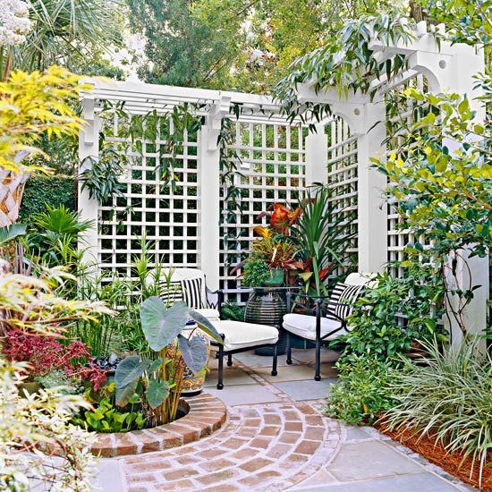 an outdoor patio area with chairs and plants