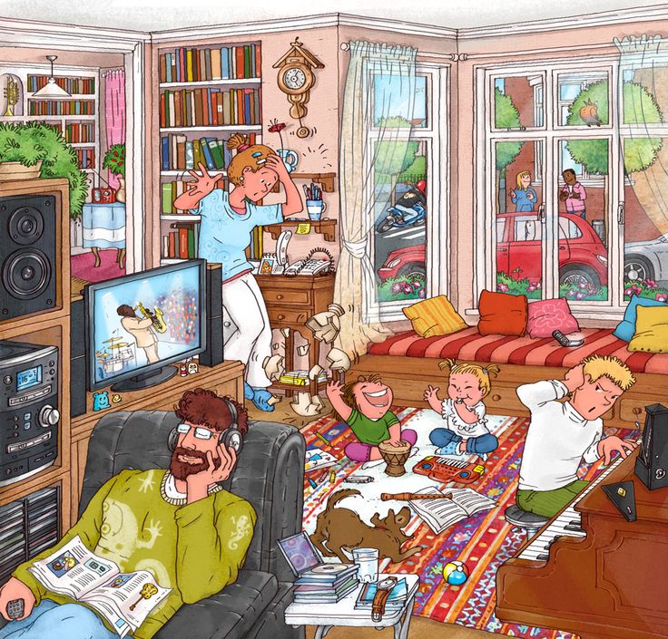 this is an image of a family in their living room watching tv and reading books