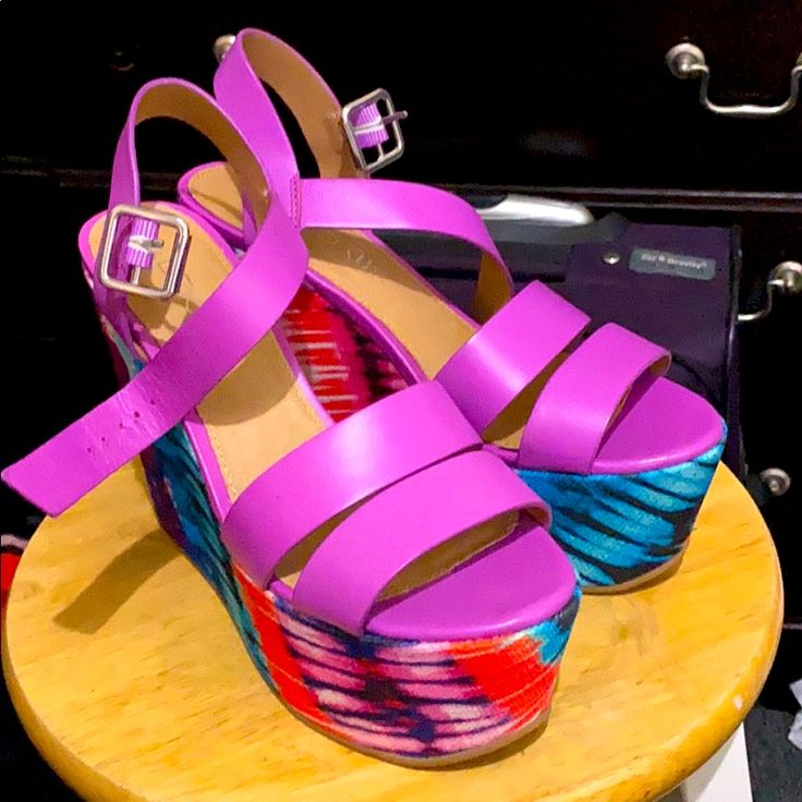 Multicolor Wedge Heels Trendy Purple Sandals For The Beach, Trendy Purple Heels For Summer, Bold Platform Wedge Sandals, Bold Platform Wedge Heel Sandals, Purple Wedge Sandals For Beach In Summer, Purple Round Toe Wedge Sandals For Spring, Bold Summer Sandals With Wedge Heel, Bold Wedge Heel Sandals For Summer, Trendy Purple Sandals For Vacation