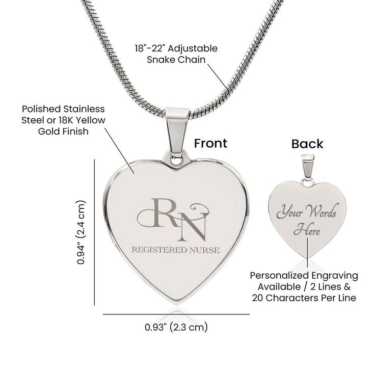 Surprise your loved one by giving them this sweet Engraved Heart Necklace! It's a classic and heartfelt jewelry piece that is sure be treasured. If the custom engraving option is available, you can choose to personalize onto the back of the pendant your loved one's name, a special date, or anything else you want to remember and keep you close to their heart. Each personalized piece offers exceptional craftsmanship that is fit to be an instant classic in your family.The Engraved Heart Necklace is attached to an adjustable snake chain, and made from high quality stainless steel, and is also available in an 18K yellow gold finish option. Product Specifications: Pendant size 0.9" x 0.94" (2.3cm x 2.4cm) 18"-22" Adjustable snake chain Lobster clasp attachment Polished stainless steel or 18K yel Personalized Stainless Steel Heart Pendant Jewelry, Personalized Stainless Steel Heart Pendant, Customizable Stainless Steel Heart Pendant Jewelry, Customizable Stainless Steel Jewelry For Personalized Gifts, Personalized White Gold Stainless Steel Jewelry, Personalized Stainless Steel Jewelry For Gifts, Personalized Stainless Steel Heart Necklace For Anniversary, Customizable Stainless Steel Necklaces For Personalized Gifts, Engraved Heart Pendant Jewelry For Personalized Gift