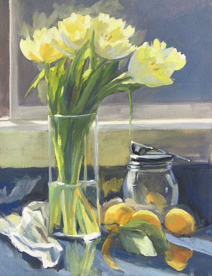 a painting of yellow flowers in a vase and lemons on a blue table cloth