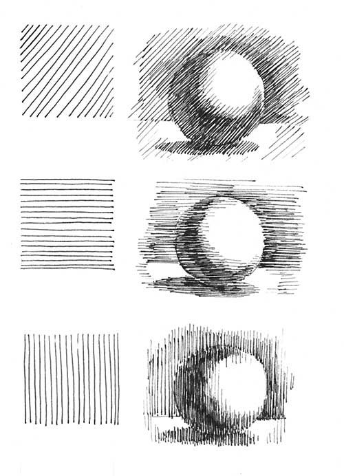 four different types of lines and shapes in black and white, each with one ball