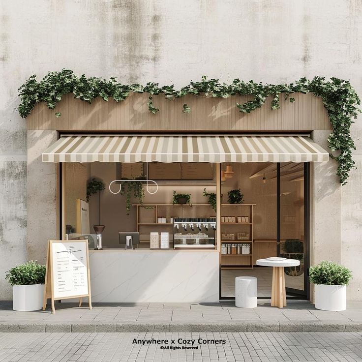 an outside view of a coffee shop with plants growing on the wall