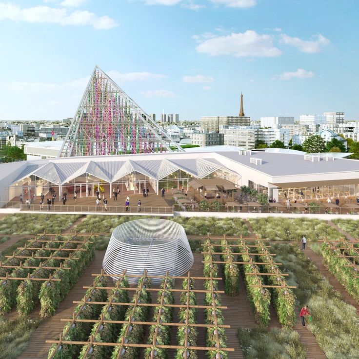 an artist's rendering of a building surrounded by trees and plants in the foreground